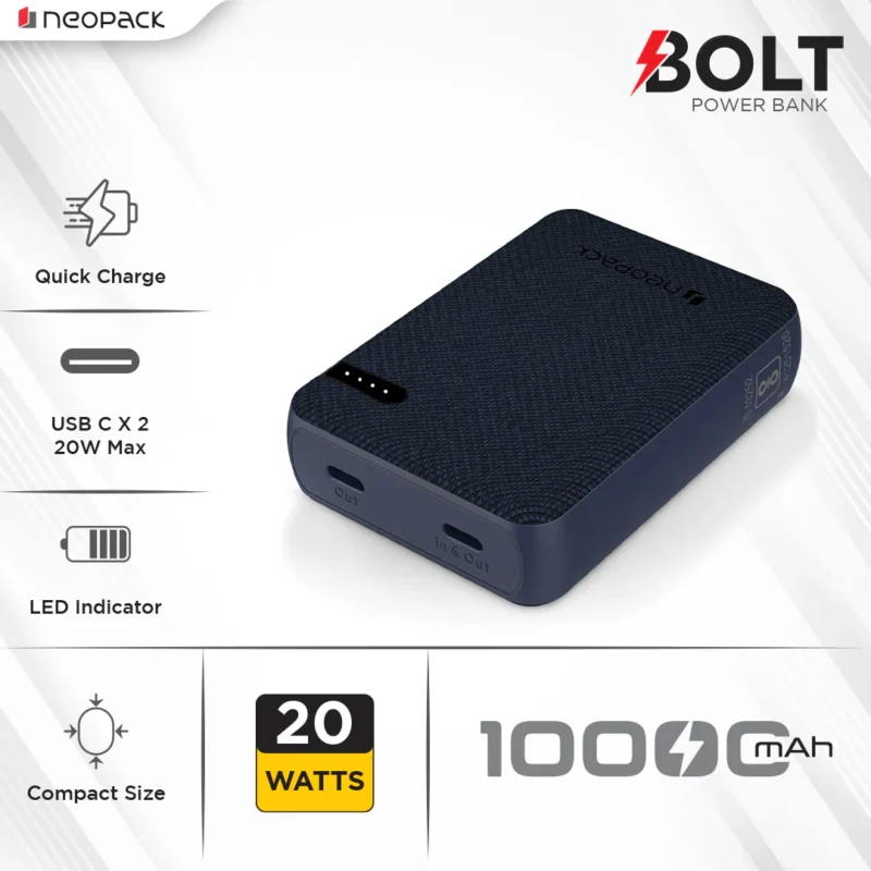 Bolt 10000 mAH Power Bank with Dual USB-C Port @ 20W Fast Charging Outputs