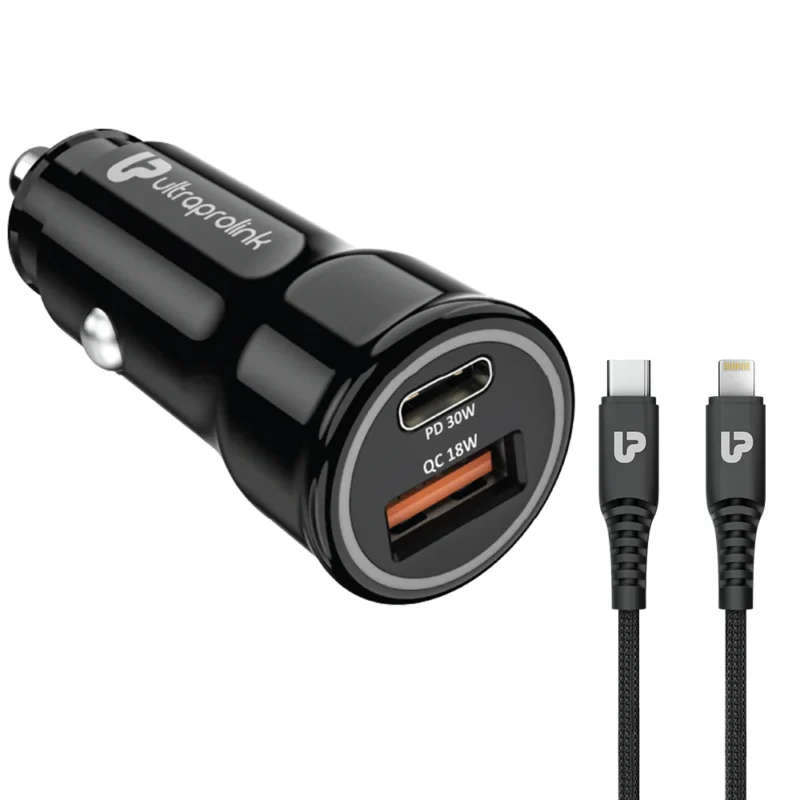 UltraProlink Mach 48 PD/QC3.0/PPS Car Charger (48W) with C2L Cable 1m