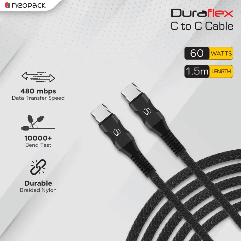 Duraflex 60W Type C to C Unbreakable Nylon Braided Charing Cable