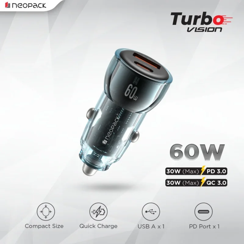 60W Dual Port Turbo Vision Car Charger with USB-C @ 30W PD 3.0 Output & USB-A @ 30W QC 3.0 Output Pots