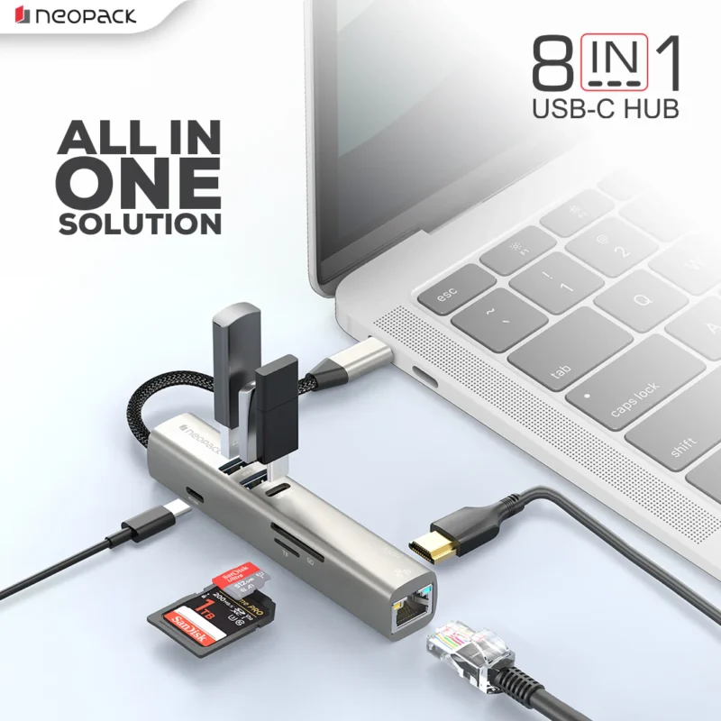 8 in 1 USB C Hub for MacBook & PC with 4K HDMI, 100W PD, Ethernet, USB 3.0, SD/TF Card Reader, C Type to Multiple Connector