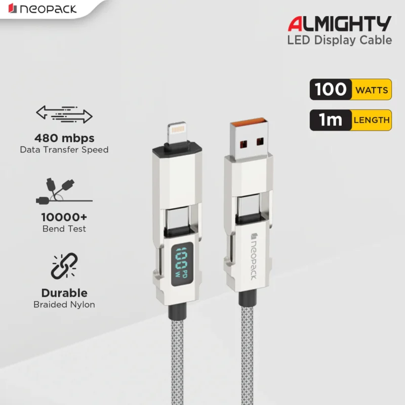 Almighty 4 In1 Cable 100W with LED Display for MacBooks, iPhones, iPads, Tablets, Smartphones, and Other Accessories