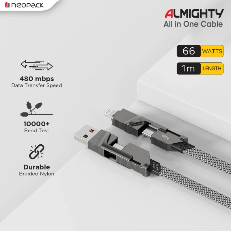 Almighty 4 In1 Cable 66W for MacBooks, iPhones, iPads, Tablets, Smartphones, and Other Accessories