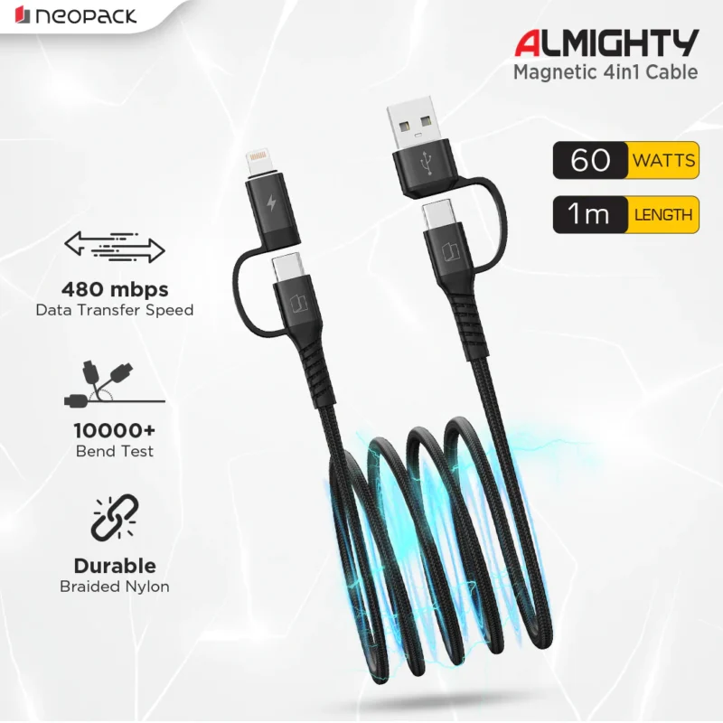 Almighty Magnetic Cable with 4 IN 1 Connectors 60W for Smartphones, Tablets, Macbooks, Laptops & More (1M)