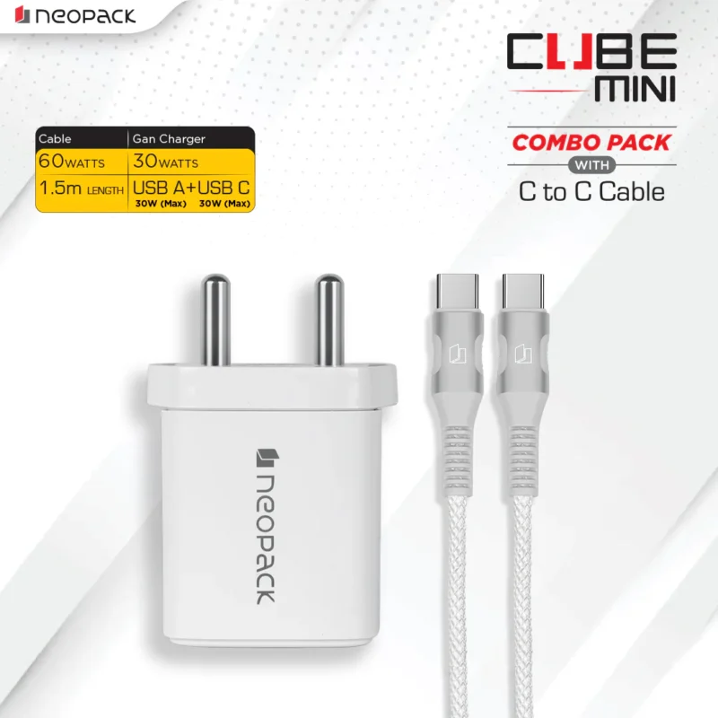 Cube Mini 30W Dual Port Fast Charging Adapter with 60W USB-C to C cable for Smartphones / iPhone, Tablet IOS / Android, Power Banks, Earbuds and Other USB-C Devices