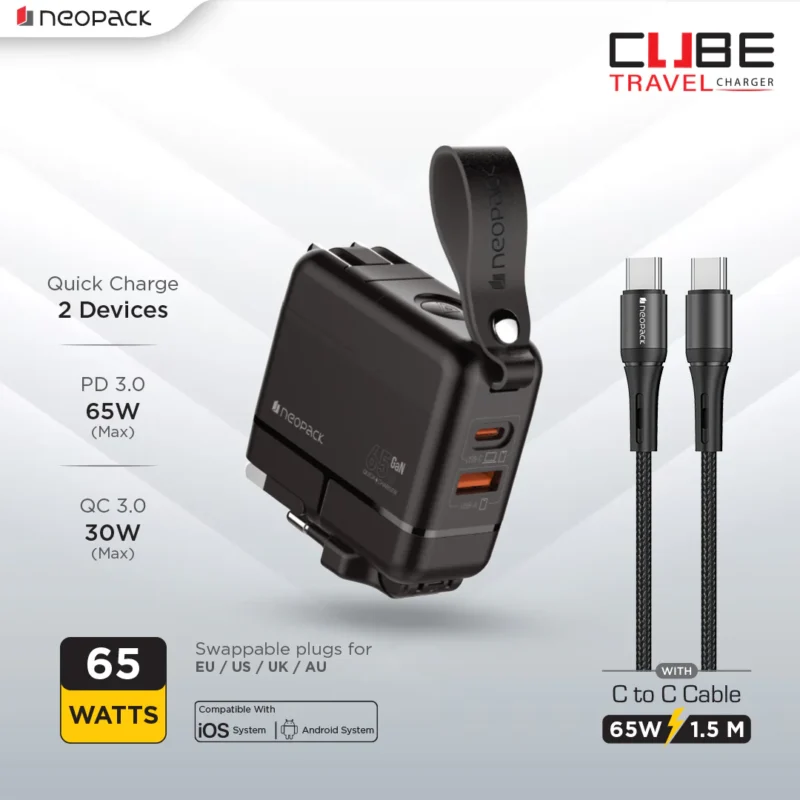 Cube Travel Charger 65W Dual Port Adapter with USB-C to C Cable for Macbooks, smartphones, tablets, and various other accessories