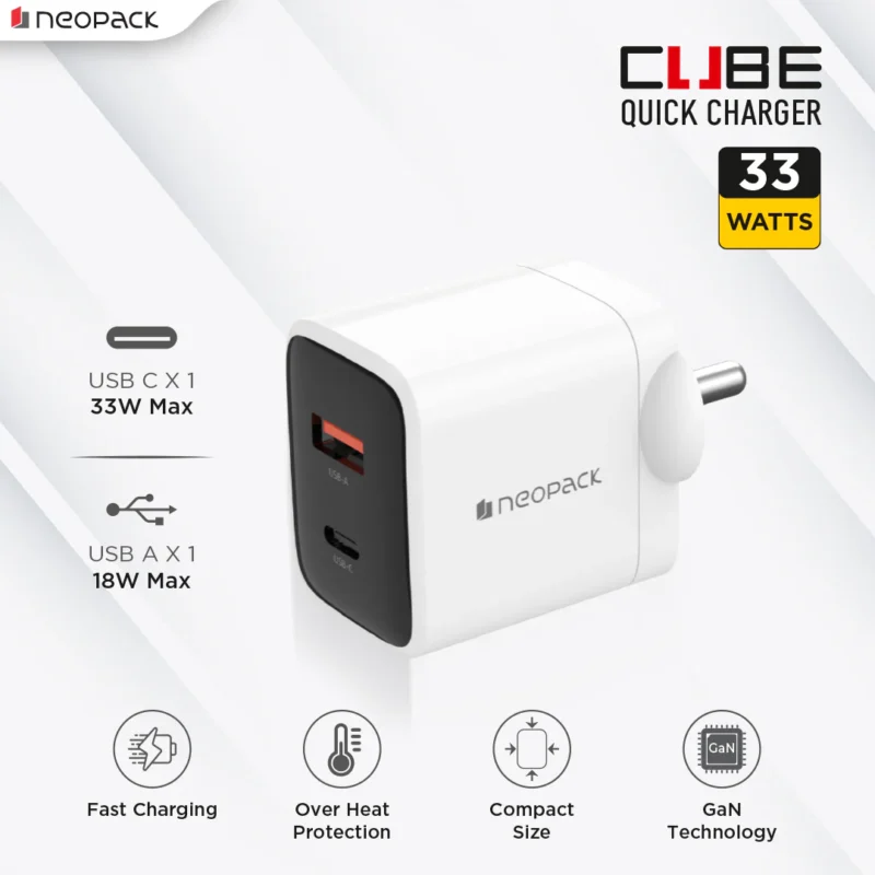 Dual Port USB-C & A 33W Fast Charging GAN Adapter for Smartphones / iPhone, Tablet, Power Banks, Earbuds and More