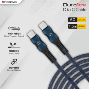 Duraflex 60W Type C to C Unbreakable Nylon Braided Charing Cable (1.5 Mtr, Blue)-1