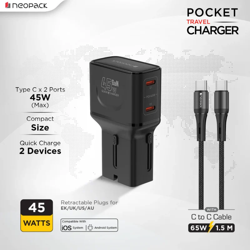 Pocket Travel Charger 45W Dual Port Fast Charging Adapter with USB-C Cable for MacBook Air/Pro, iPad, iPhone, Android devices, cameras, power banks, and more