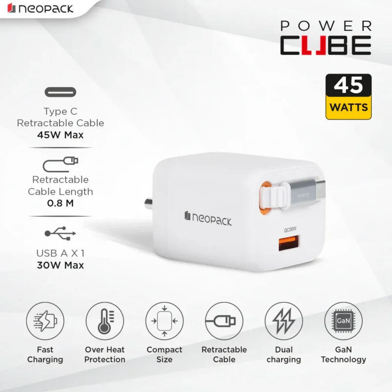 Power Cube 45W Wall Charger with Retractable Cable for iPhone, Samsung Galaxy, Pixel, iPad, AirPods & More