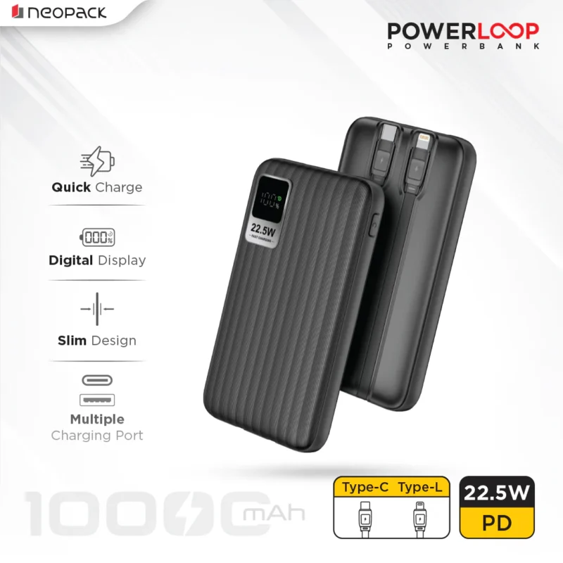 Power-Loop 10000mAh Power Bank with LED Display, Smart Chipset & 22.5W Fast Charging Portable Charger