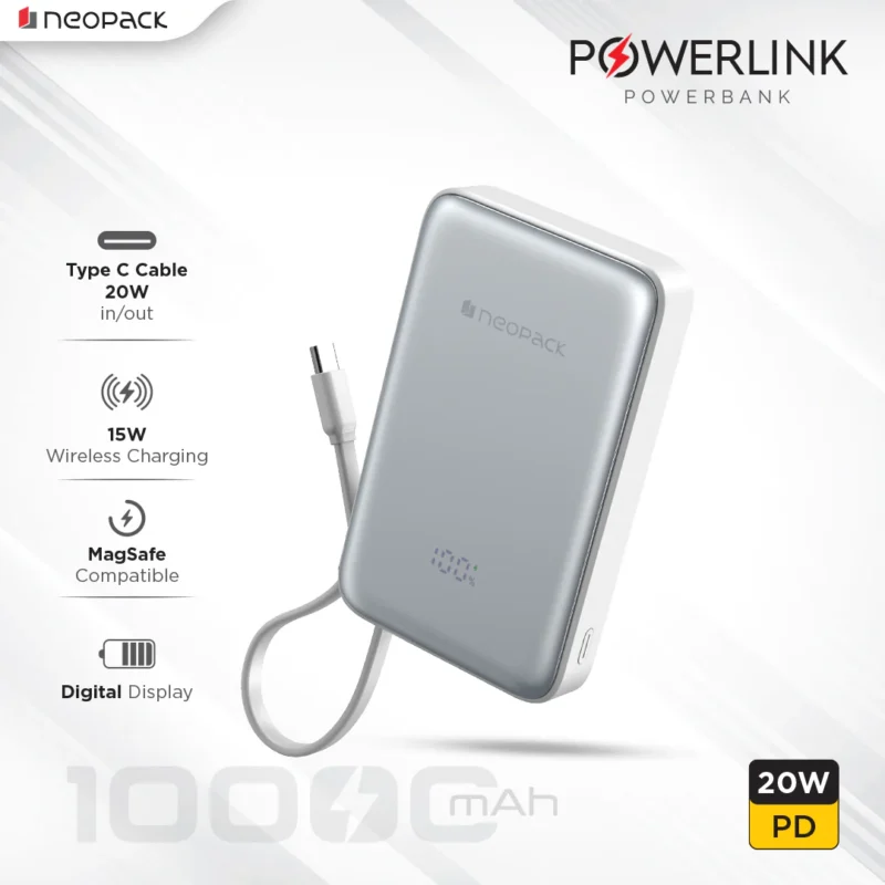 Powerline Digital Display Magnetic Power Bank 10000 mHA with Magsafe Wireless Charging Support @ 15W & Type C @ 20W PD