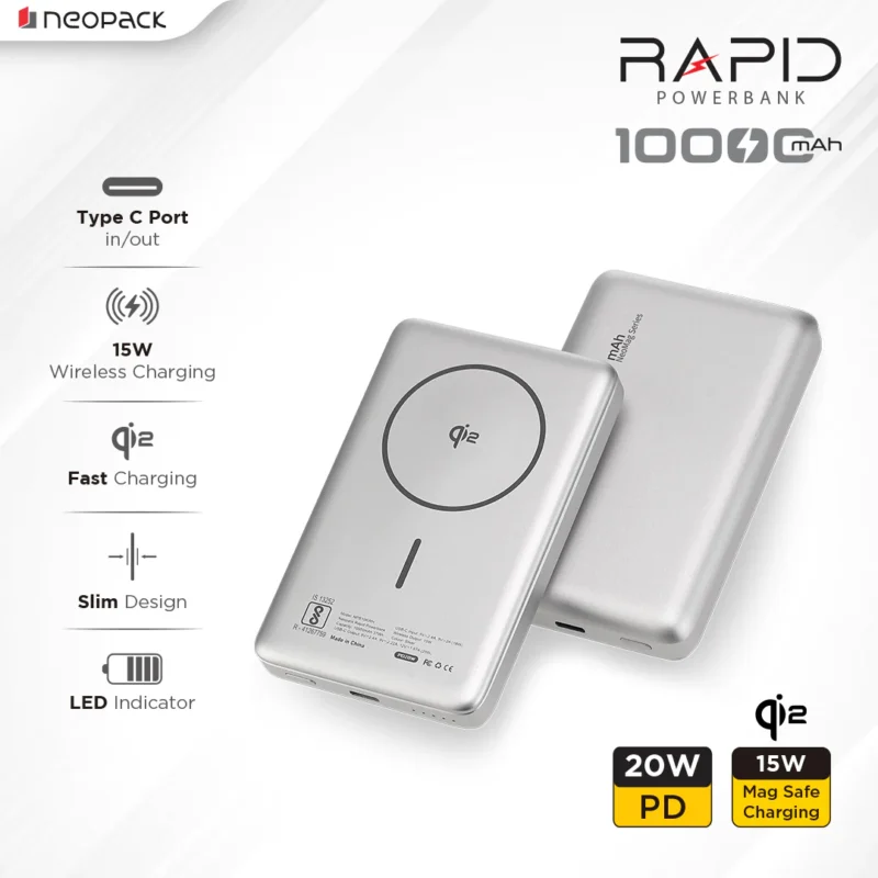 Rapid Qi2 Fast Charging Magsafe Power Bank 10000 mAH with Wireless Charging @ 15W & Type C @ 20W