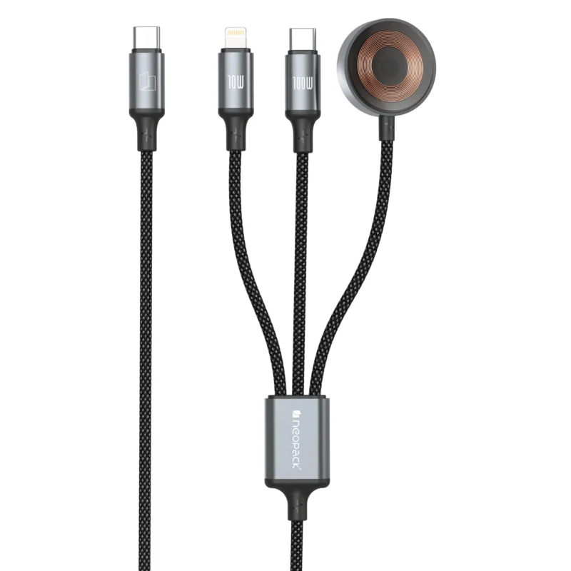 Smart Link 3IN1 Cable with USB-C, Lightning and Watch Connectors 100W Compatible with All Smartphones, iPhones, Tablets, USB-C Enabled Devices and Apple Watch