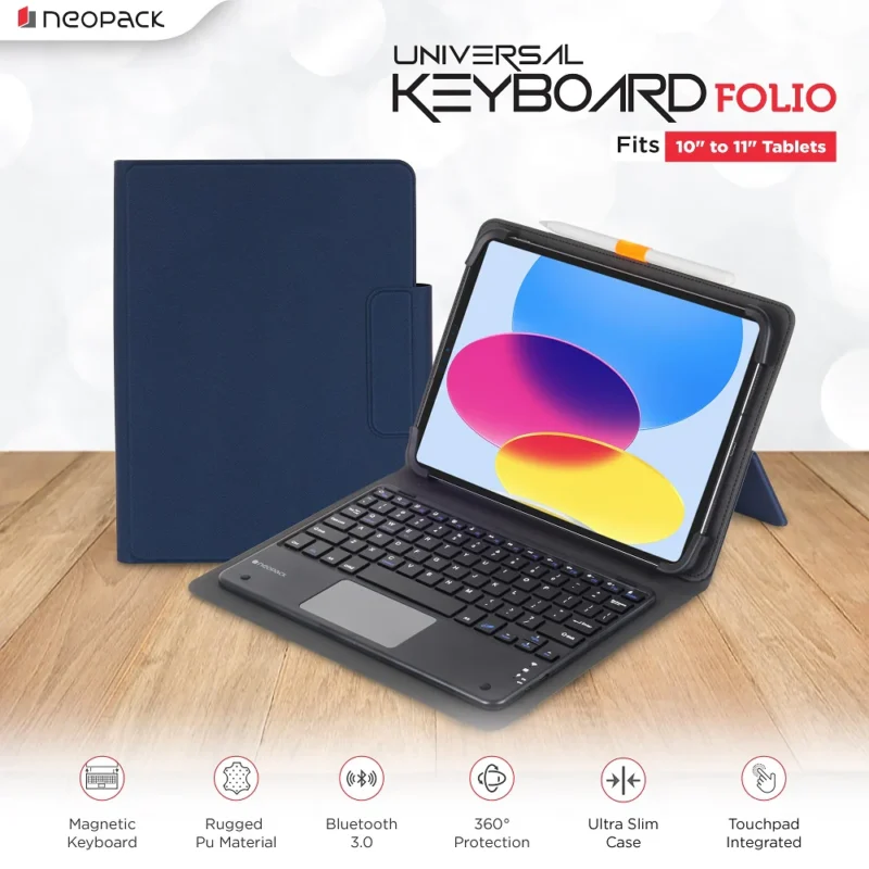 Universal Keyboard Folio Case with Trackpad for iPad 10 to 11" Tablets