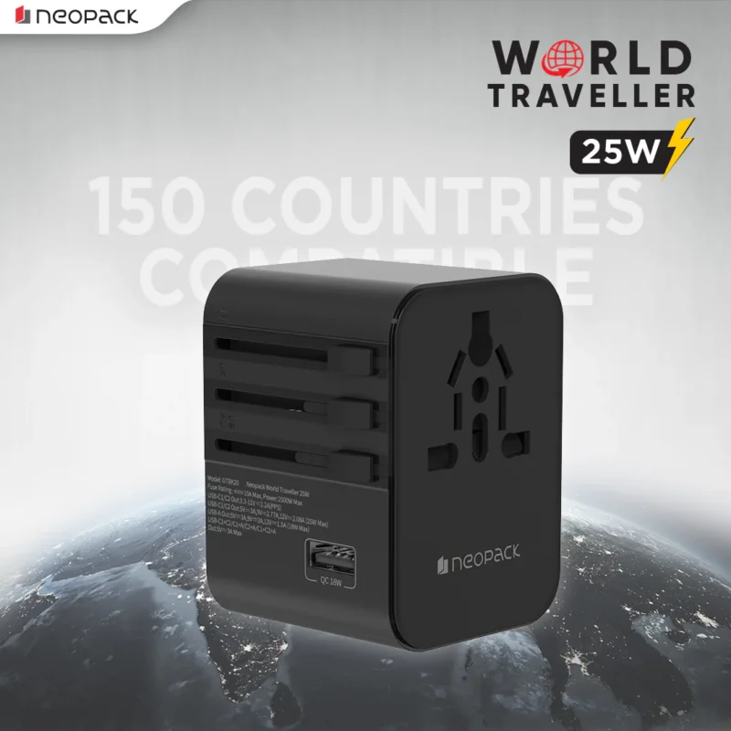 World Traveller Adapter 25W with India Plug Compatible Sockets, 2 X USB-C PD + 1 X USB A Ports, All in One Worldwide for USA, EU, UK, AUS