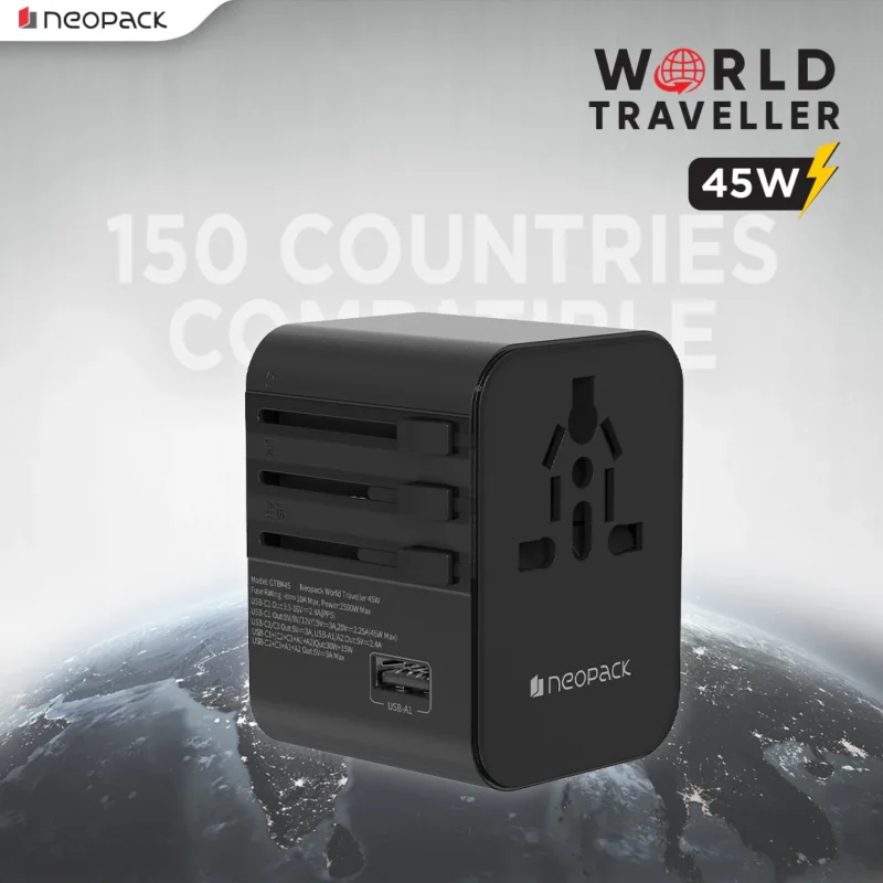 World Traveller Plus Adapter 45W with India Plug Compatible Sockets, 3 X USB-C PD + 1 X USB A Port, All in One Worldwide for USA, EU, UK, AUS